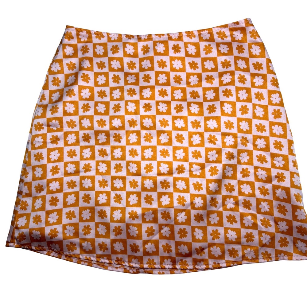Altar'd State‎ Orange Checkerboard Y2K Floral Satin Mini Skirt Retro Womens SM